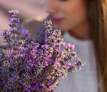 Bouquet of lavender in a basket on the background of a young beautiful woman